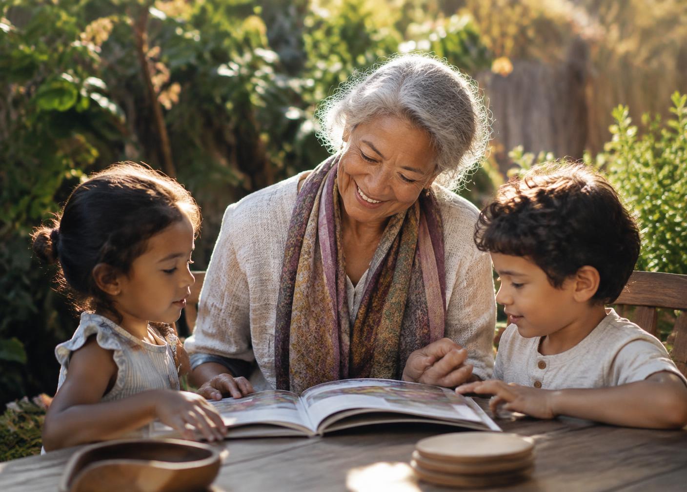 An older woman reading a storybook with two young children in a garden
