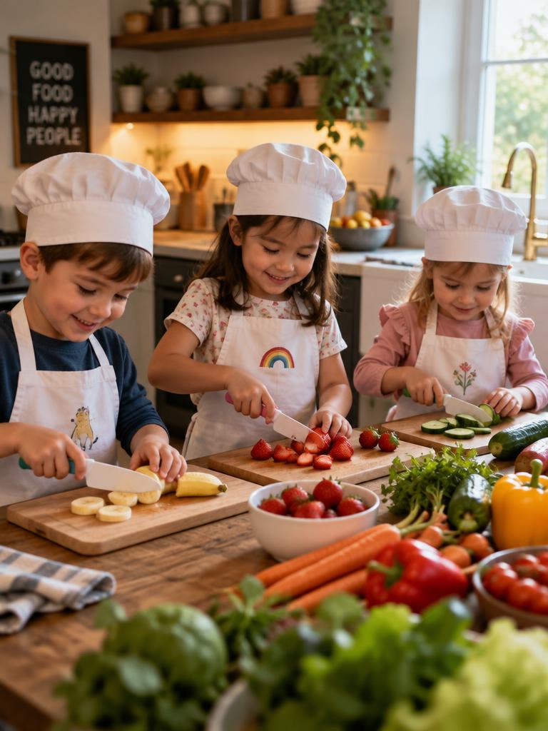 Children in chef hats slicing fruit with child-safe knives