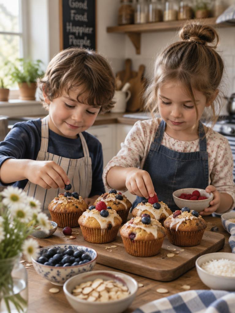 Children decorating muffins with berries