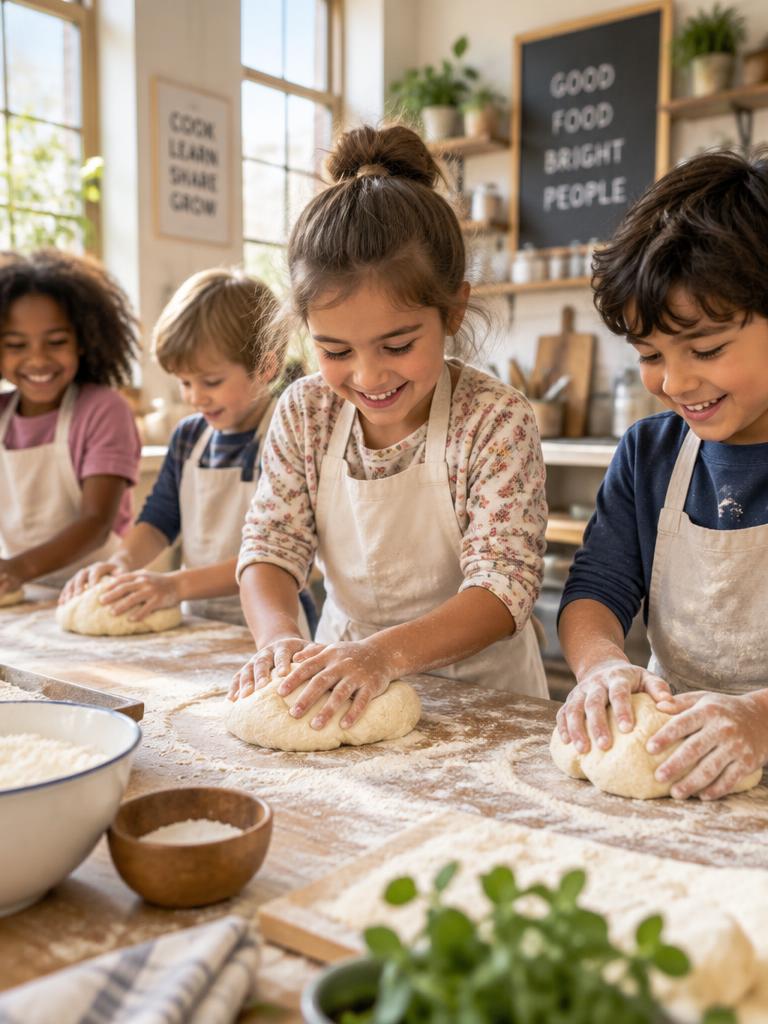 Children kneading bread dough at the cooking table