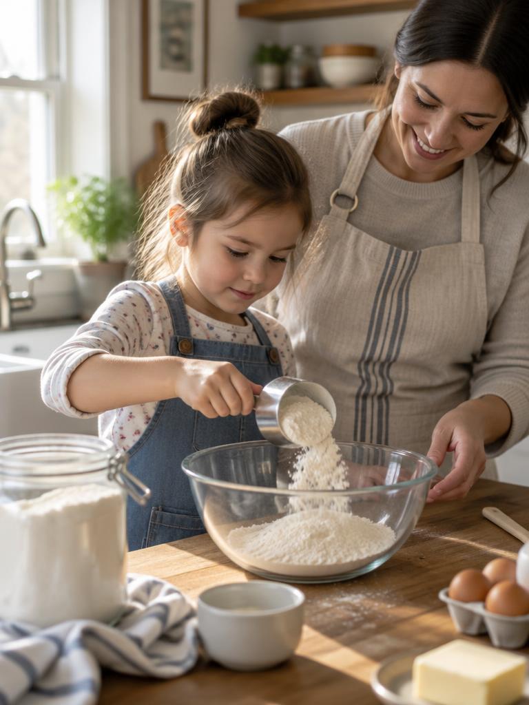 A child measuring flour beside an adult helping