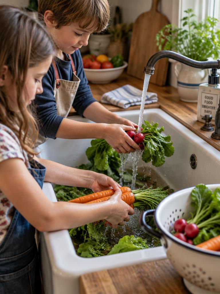 Children washing fresh vegetables in the kitchen